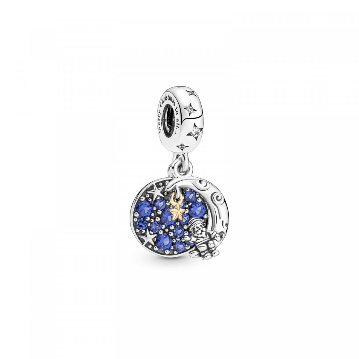 PANDORA SANTA ON MOON STERLING SILVER AND 14K GOLD-PLATED DANGLE WITH STELLAR BLUE CRYSTAL AND CLEAR CUBIC ZIRCONIA - 769648C01